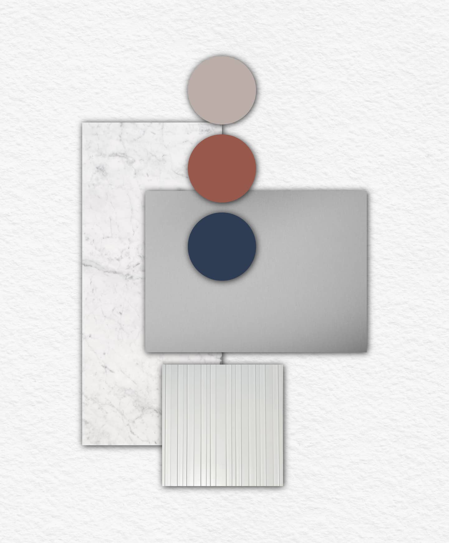 Moodboard per cucina Arclinea su toni pastello colorati. Colori dominanti rosso e blu, elemento esclusivo isola in acciaio